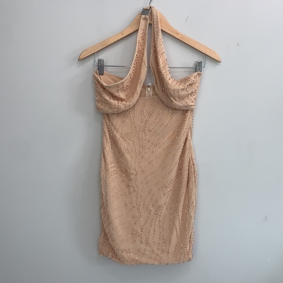 Oh Polly TOULOUSE Embellished Twist Neck Mini Dress in Sand - Picture 5 of 9